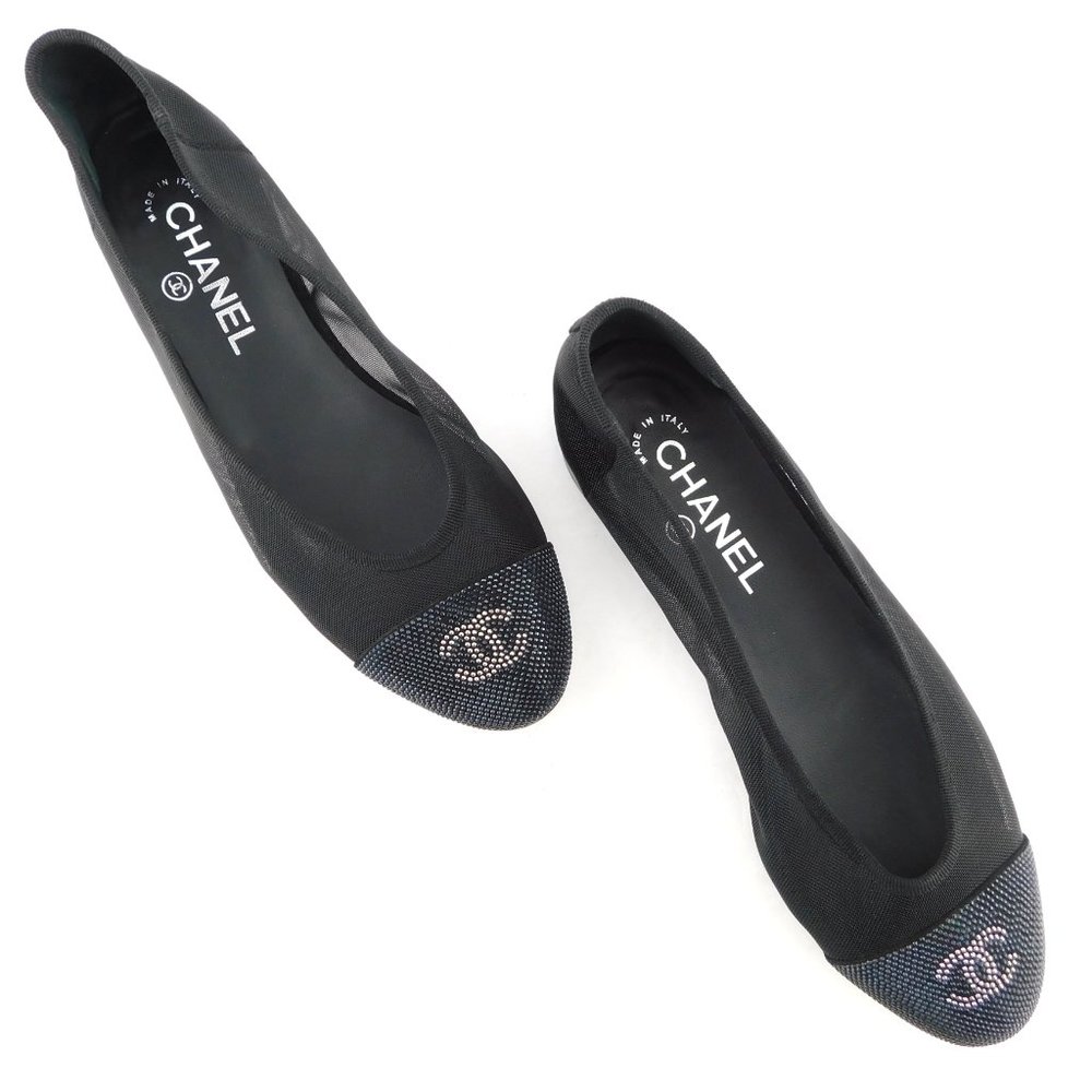 CHANEL Black Crystal CC Logo Cap Toe Mesh Suede Ballet Flats 37.5 - Picture 3 of 9